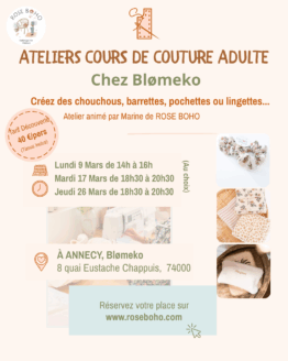 Atelier cours de couture- ADULTE- 9-17-26 MARS 2026